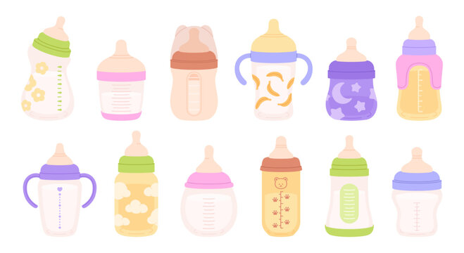 Baby bottles. Pacifier nipple bottle with milk, liquid porridge for newborn food. Plastic drinking containers for children with measuring scales, racy vector set