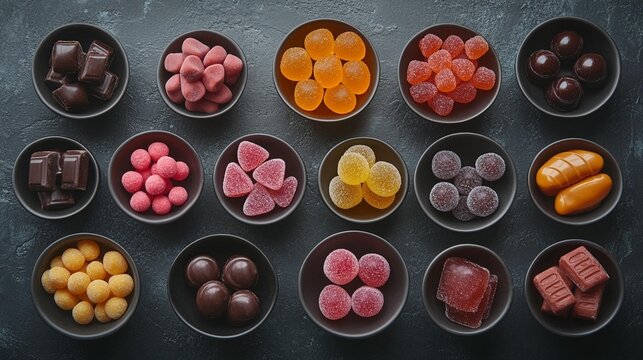Assorted colorful candies in small bowls on a dark stone surface