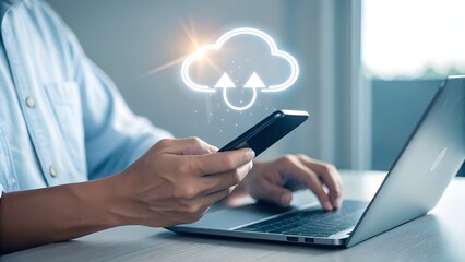 Businessman in office uses a digital tablet and laptop for online communication and data work