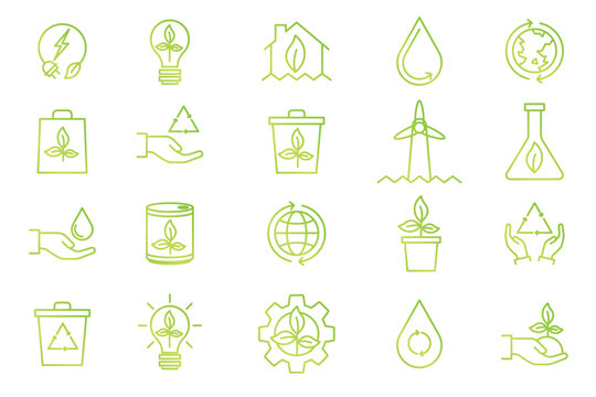 Recyclable icon set. Renewable energy symbols. Outline vector icons.