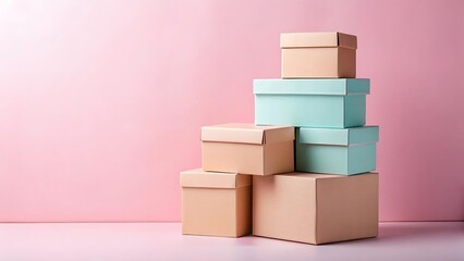 Obraz premium Stack of Pastel-Colored Cardboard Boxes on Pink Background