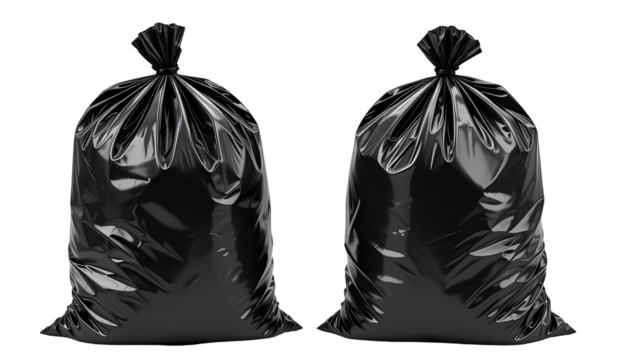 Two Full Black Plastic Garbage Bags Isolated on Transparent Background – Waste Disposal PNG
