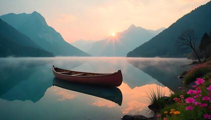Peaceful Sunrise over Mountain Lake with Canoe and Fog