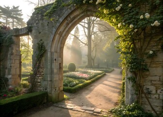 Sunlit Stone Archway Leading to a Garden Path