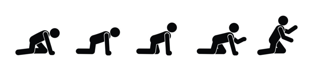 Stickman pose collection showing various crawling and kneeling positions. Black figures on white background. Minimal vector design for concepts of movement, action, or gesture.
