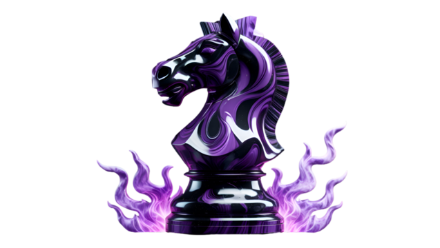 Fantasy Chess Knight – Glossy Purple & Black Marbled Horse with Mystical Flames – Isolated on Transparent - Powered by Adobe