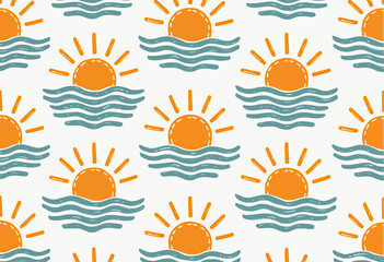 Obraz premium A cheerful and cute seamless pattern of a doodle-style sun setting over playful ocean waves, a perfect summer-themed background for kids' decor or fabric. 