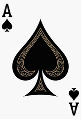 Fototapeta premium An elegant and ornate Ace of Spades playing card, featuring a large central spade decorated with intricate golden filigree for a classic, luxurious casino aesthetic. 