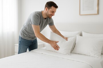Caucasian man arranging pillows on a cozy bed in a minimalistic bedroom, creating a warm and inviting atmosphere. concept of home comfort, tidy living space, relaxation.