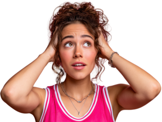 Uncertainty: A woman with curly hair, wearing a pink top, holds her head in confusion, staring up in the air with a look of bewilderment. Capturing the essence of contemplation.