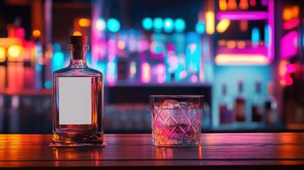 Celebrating spirits A bottle and drink amidst the vibrant glow of nightlife neon