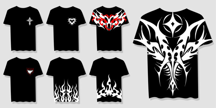 Six black tshirt designs with tribalstyle flame and heart graphics suitable for apparel printing and merchandise items. Casual and stylish.