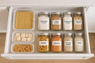 Neatly organized kitchen drawer with labeled jars and containers featuring dry goods and seasonings in a modern home. concept of orderly lifestyle, efficient storage, culinary organization