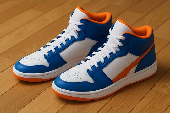 scarpe da basket blu, arancioni e bianche