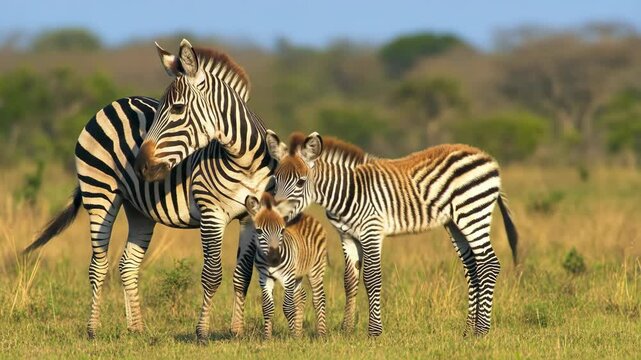 Mother zebra with young foals in African savanna, displaying natural parental care and protection in their native grassland habitat.