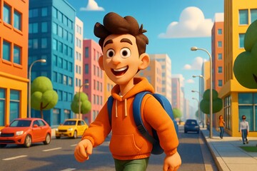 Smiling teenage boy in orange hoodie walking down city street with backpack on sunny day. Concept of student lifestyle, youth urban scene, education journey, cheerful school boy character illustration