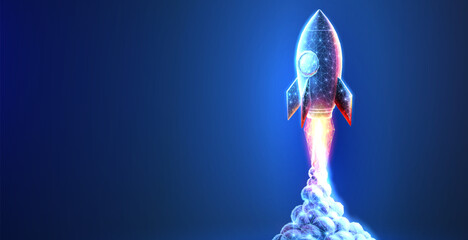 Startup. Digital rocket start. Isolated on blue. Fast web development