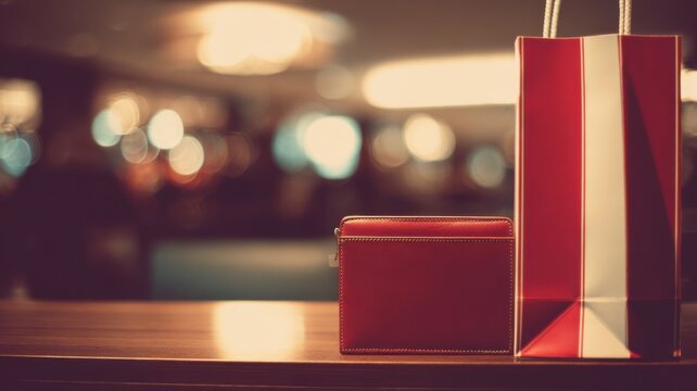 Stylish red leather wallet with stitching details and tall red-white shopping bag on wooden surface, cozy dimly-lit indoor background with colorful bokeh lights.