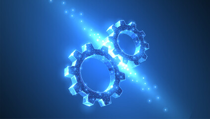 Gears. Abstract vector wireframe two gear 3d modern illustration on dark blue background.