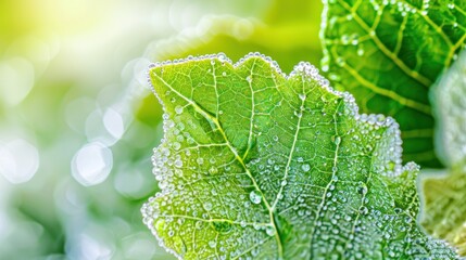 Dew-kissed leaf, vibrant green, detailed veins, glistening droplets, soft bokeh