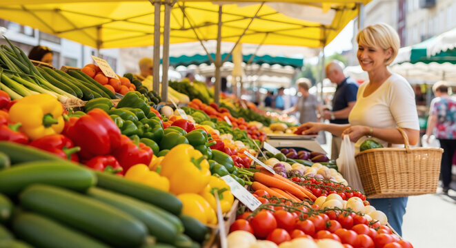 femme blonde au march&eacute;