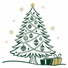Obraz premium Festive Christmas Tree Illustration with Ornaments Star and Gift Box.