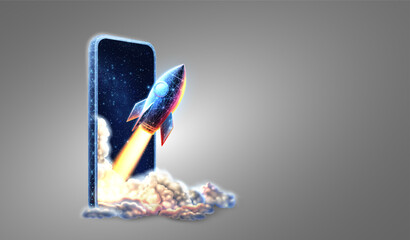 Digital rocket launch and phone. Application startup, new project, fast tech