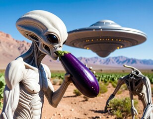 Funny Cartoon Alien Licking Giant Eggplant Emoji &ndash; Humorous Sci-Fi Pop Art Illustration