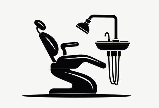 A clean and professional black silhouette icon of a dental chair with equipment, a simple vector glyph perfect for a dentist's office logo or medical website.
