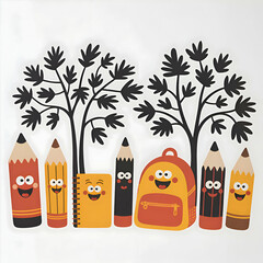Bright and cheerful school supplies gather under whimsical trees in a playful display of creativity Generative AI
