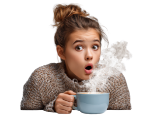 Surprised Woman with Hot Coffee: A young woman with a surprised expression holds a steaming cup of coffee, the steam playfully swirling around her face.