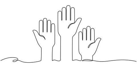 Fototapeta premium Hands up, raised up volunteering, audiences and teamwork continuous one line drawing. Graphic illustration, Hands Raised Continuous Line Icon for Volunteer, Togetherness topics, Human hands reaching