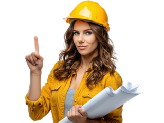 Confident Professional: A female professional, wearing a yellow safety helmet and holding blueprints, confidently points upwards, her expression reflecting determination and expertise.