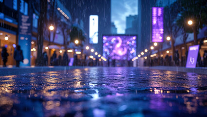 Obraz premium Rainy city street view at night with reflections of lights and blurred people in the distance