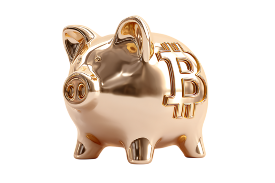 Golden piggy bank with Bitcoin symbol.