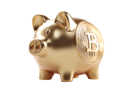 Golden piggy bank with Bitcoin coin.