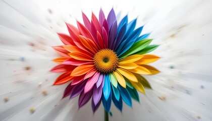 Obraz premium Vibrant multicolored flower with symmetrical rainbow petals exploding from center on white background – bold artistic bloom for creative projects and cheerful concepts