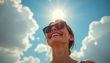 Cheerful woman wearing sunglasses smiling under bright sun with blue sky and clouds, enjoying warm sunny day outdoors happily