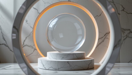 Fototapeta premium Transparent glass sphere on marble pedestal with circular light and marble background, modern elegant design with soft glow