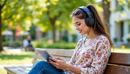 Fototapeta premium Young woman sitting on park bench wearing headphones and enjoying music on digital tablet with smile on her face