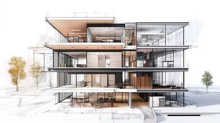 Detailed perspective sketch showing elegant urban building façade high resolution picture