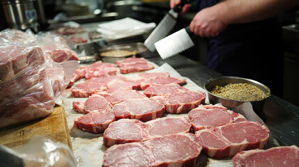 A butchers block covered with raw pork cutlets being portioned, surrounded by paper wrap, cleavers, and seasoning bowls 