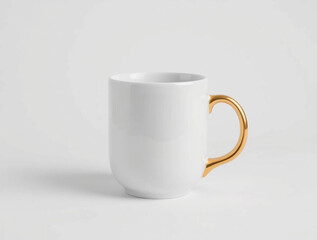 Fototapeta premium a minimalist style photograph of a ceramic coffee mug placed against a neutral gray background. The mug is predominantly white with a smooth, glossy finish