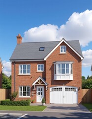 Beautiful red brick house suburban neighborhood architectural photography sunny day front view family home concept