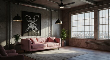Industrial Loft Living Room with Pink Sofa and City View