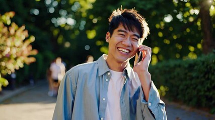 Young man smiling while talking on a cell phone. Man with a casual phone outdoors. A young woman strolls through the park with nature in the sunlight. A young man grinning as he speaks on lifestyle. - Powered by Adobe