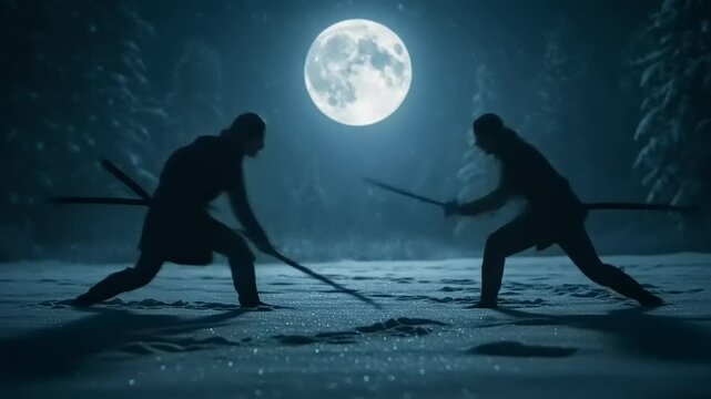 Two warriors engaged in a sword fight under a full moon in a snowy forest, creating a dramatic scene