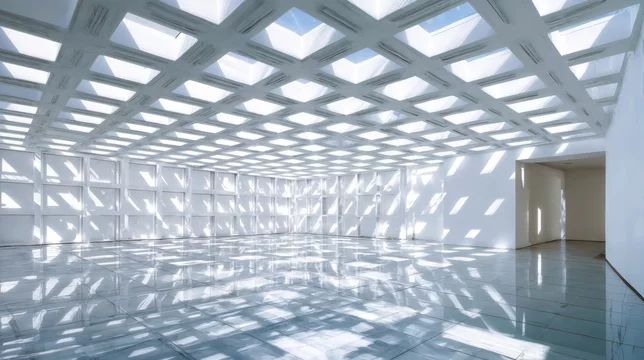 Clean white room with intricate ceiling light casting