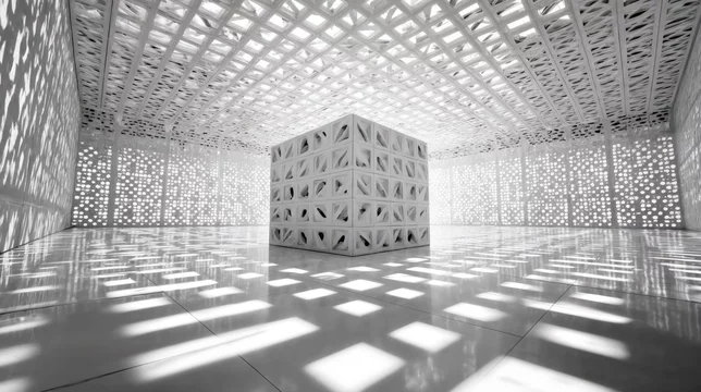Minimalist white interior with geometric shadow patterns