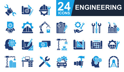 Engineering Icons set vector illustration. Containing engineer, repair, construction, blueprint, factory and more. Simple solid icons collection.